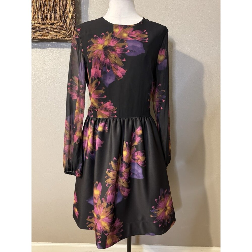 Taylor Dress 12 Black Plum Pink Floral Sheer Long Sleeve A Line Stretch NEW - Picture 13 of 15
